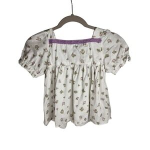 Shabby Chic Blouse Girls 7/8 White Purple Floral Swiss Dot Babydoll Top Cottage